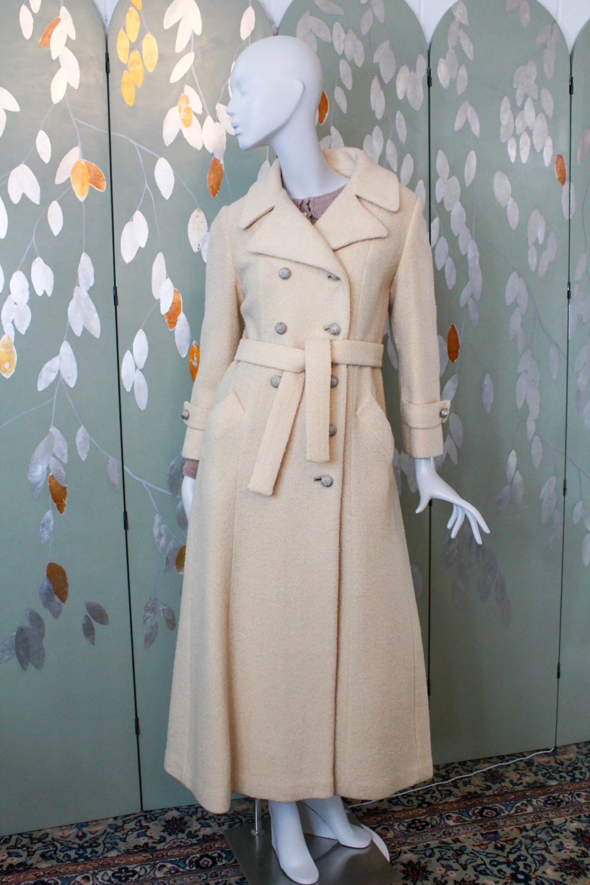 1950s Cream Double Breasted Long Coat, Small