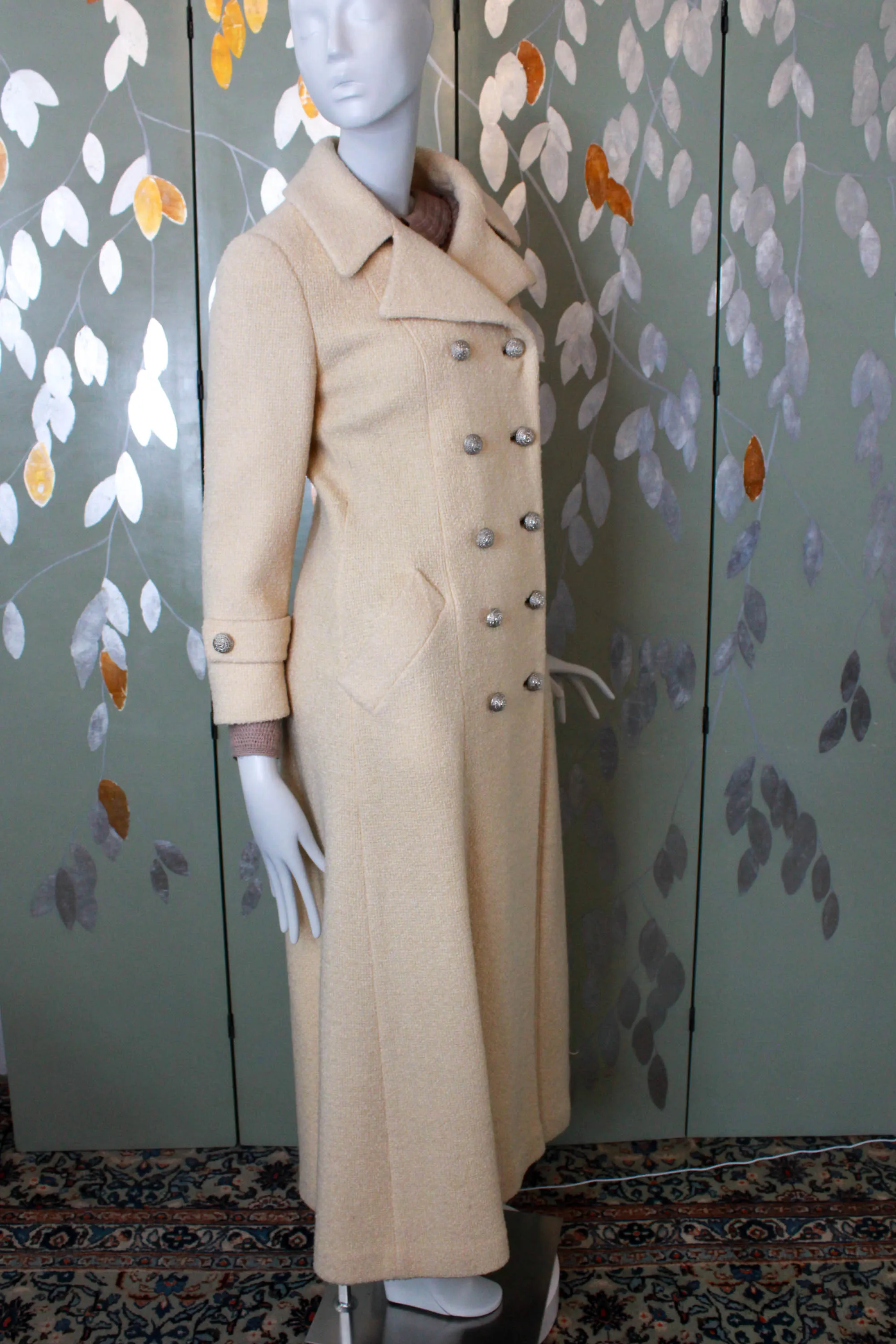 1950s Cream Double Breasted Long Coat, Small