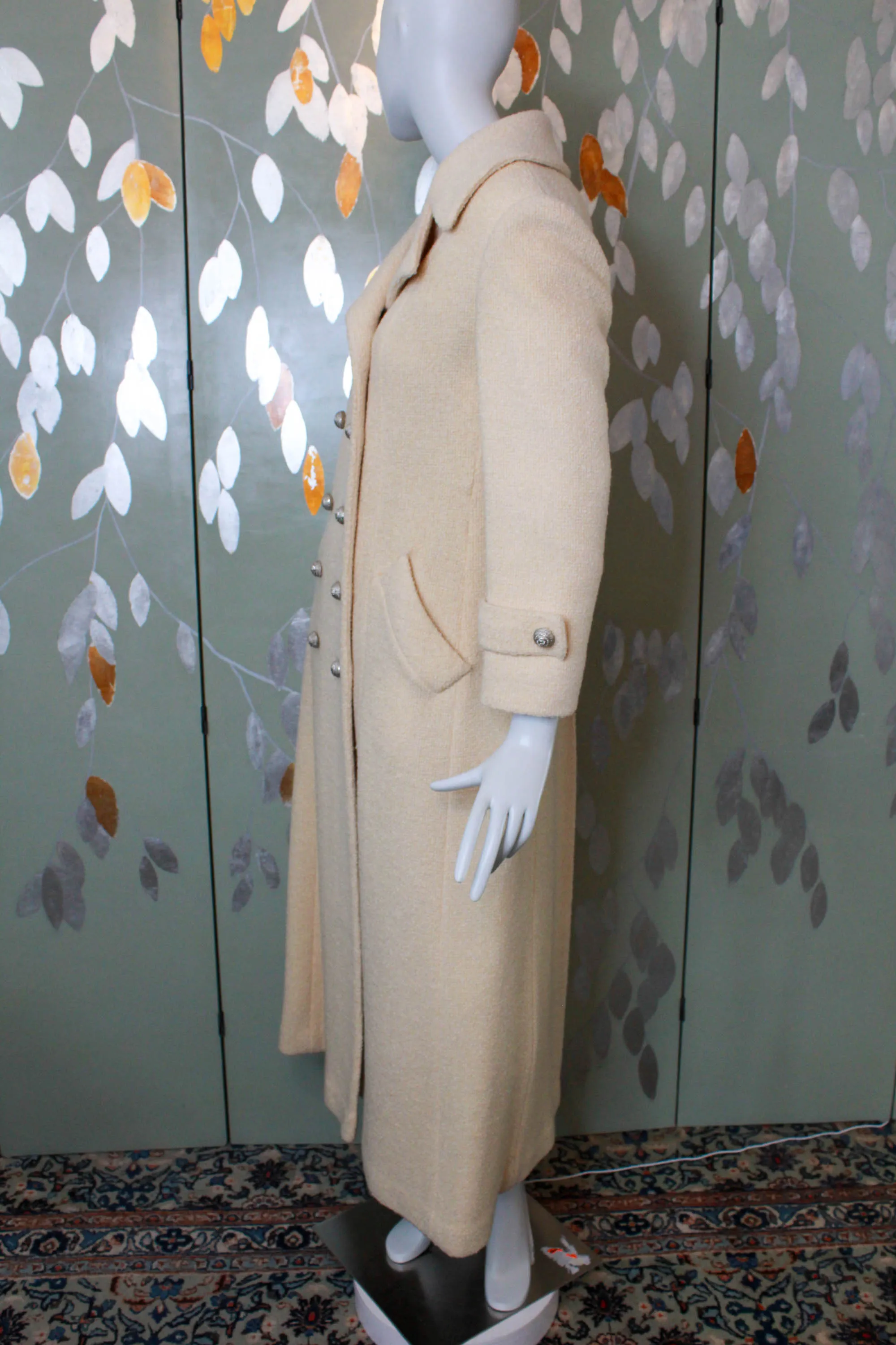 1950s Cream Double Breasted Long Coat, Small