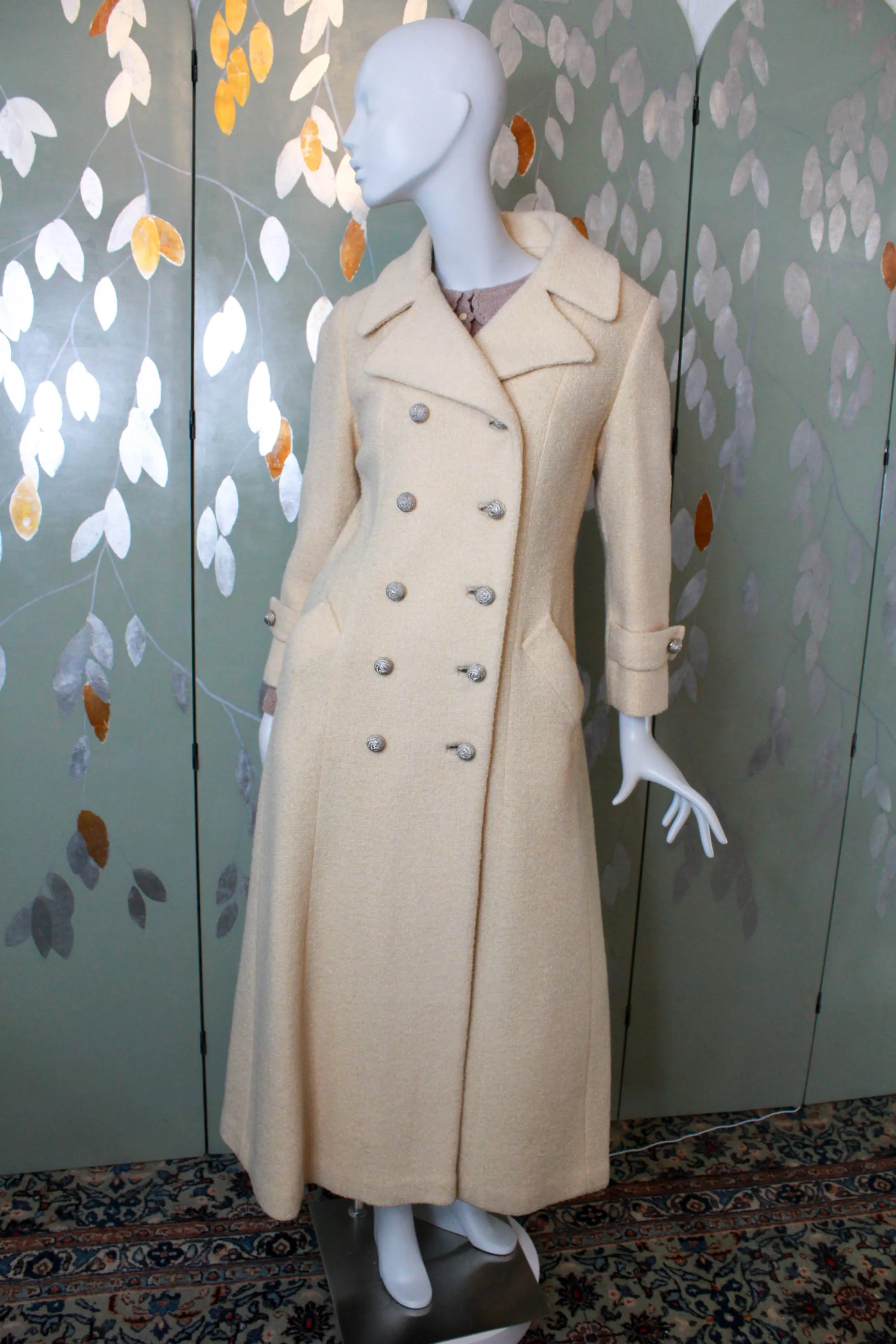 1950s Cream Double Breasted Long Coat, Small