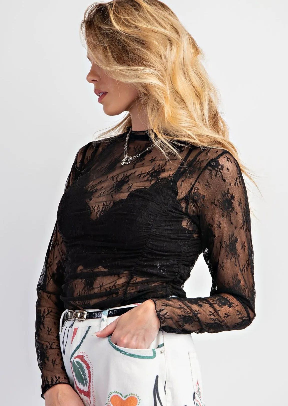 All Over Ruched Lace Layering Top #433 Black