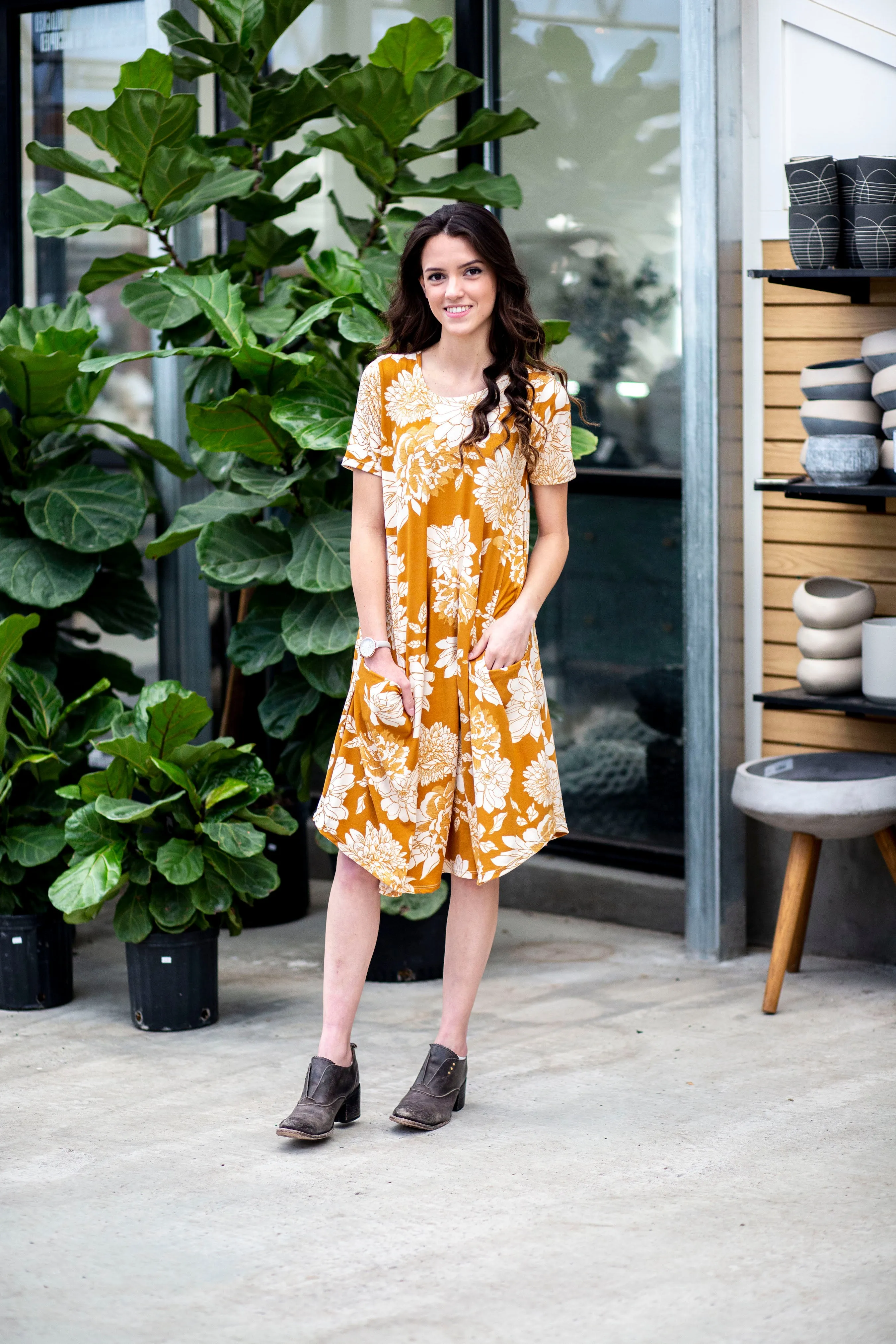 April Dress Mustard Cream Floral