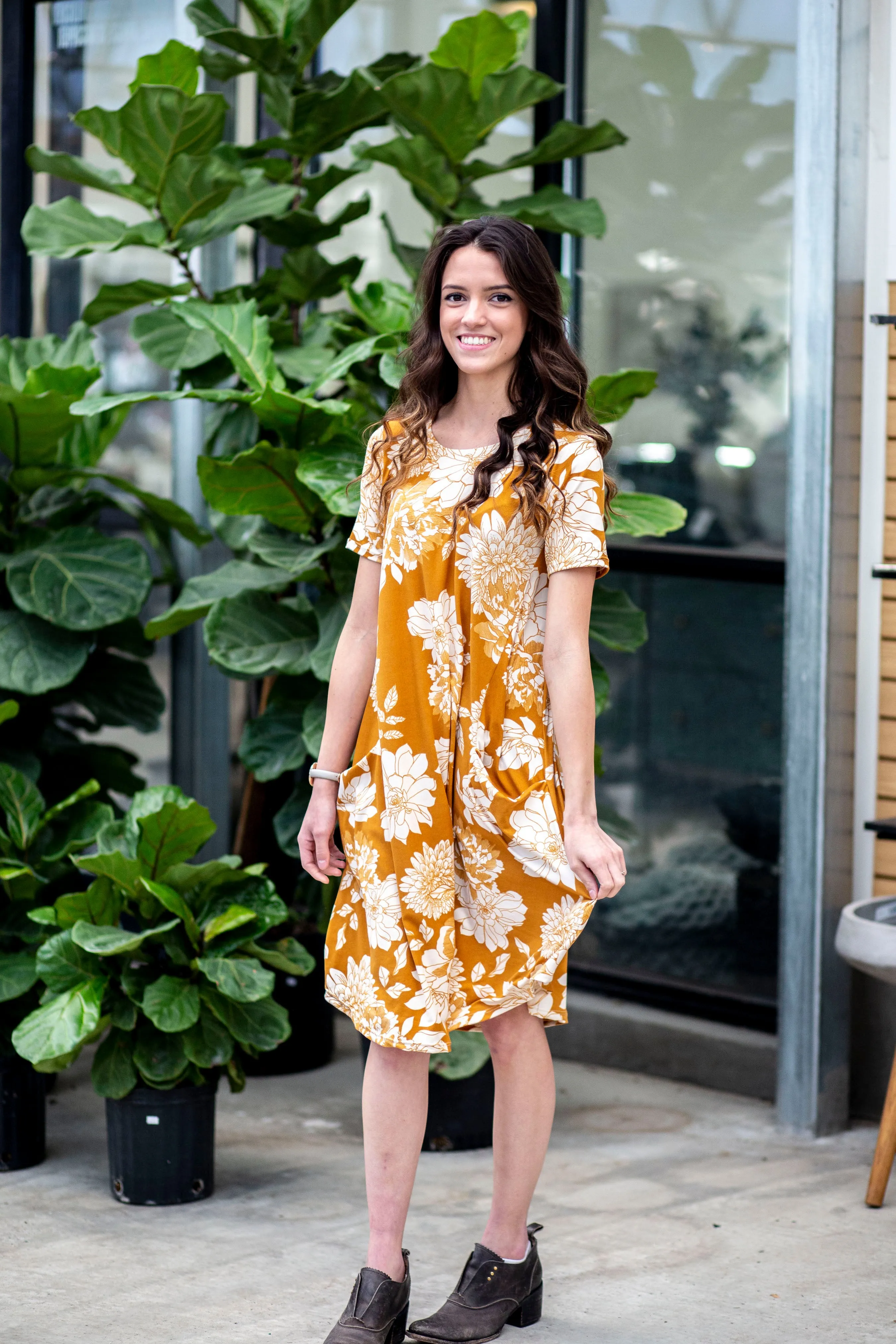 April Dress Mustard Cream Floral