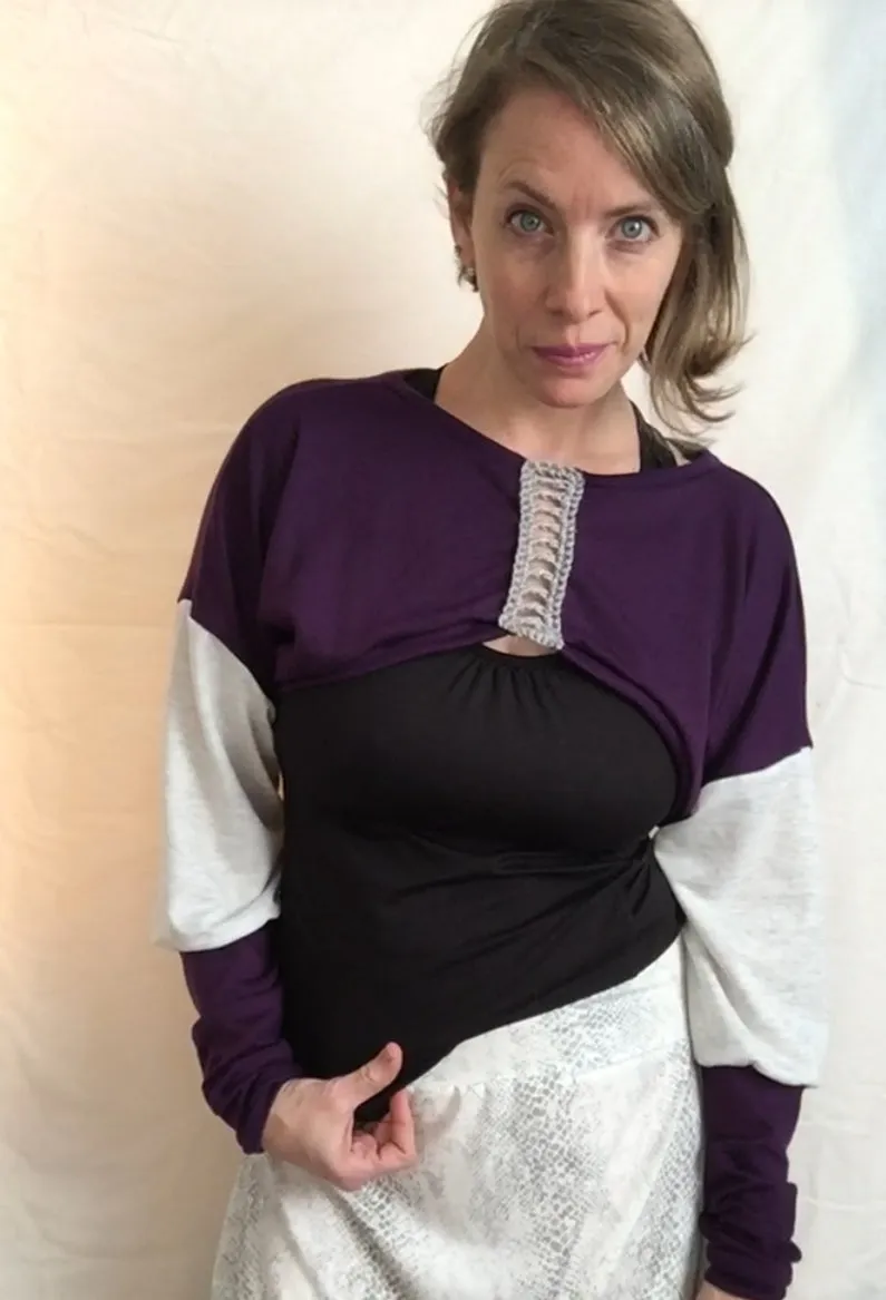 BeMo Shrug Sweatshirt- Purple/Light Grey