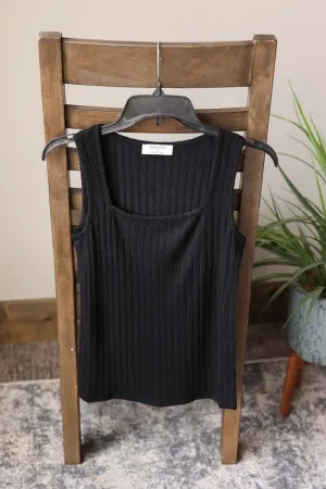 Black Ribbed Square Neck Sleeveless Tank Top