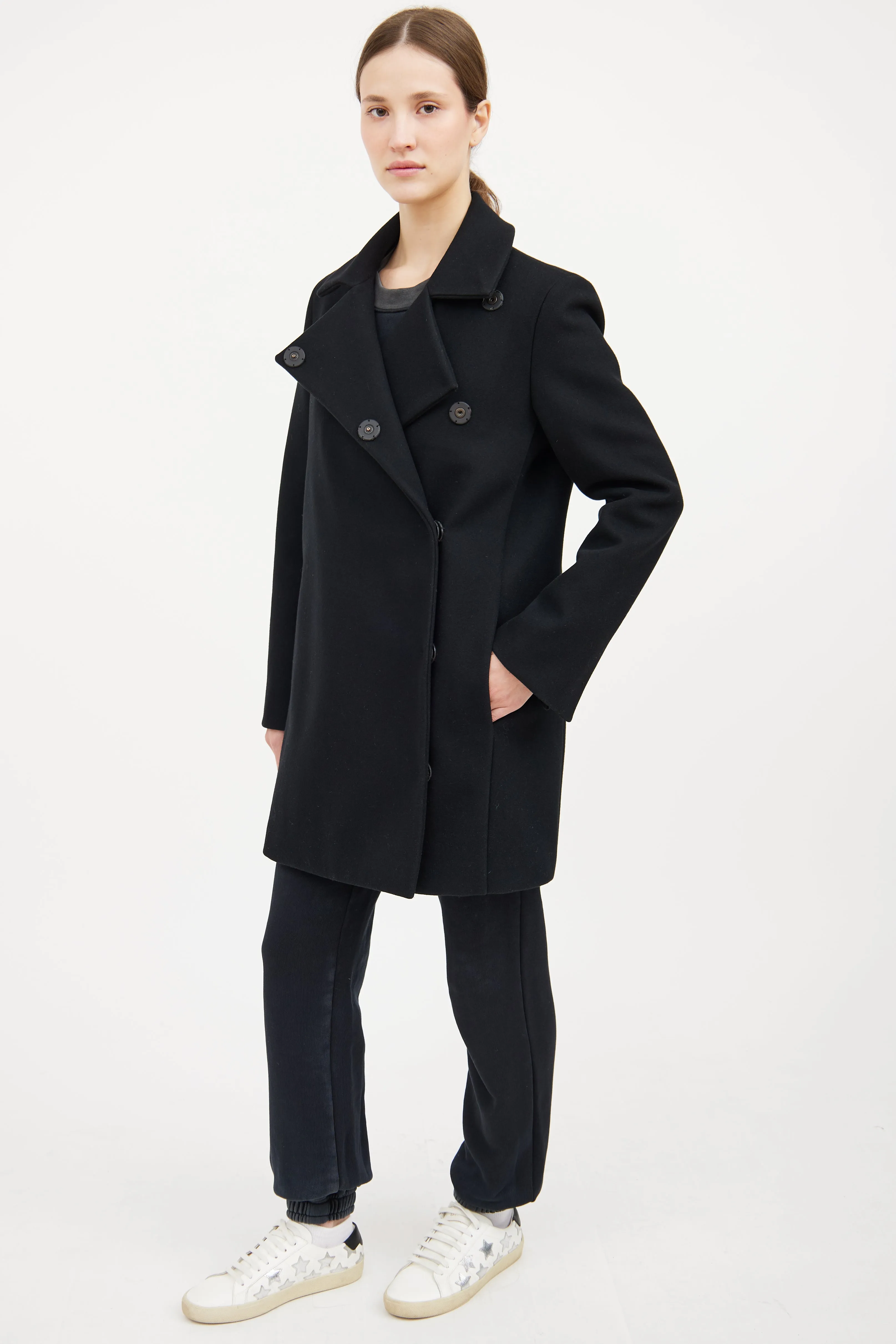 Black Wool Snap Button Coat