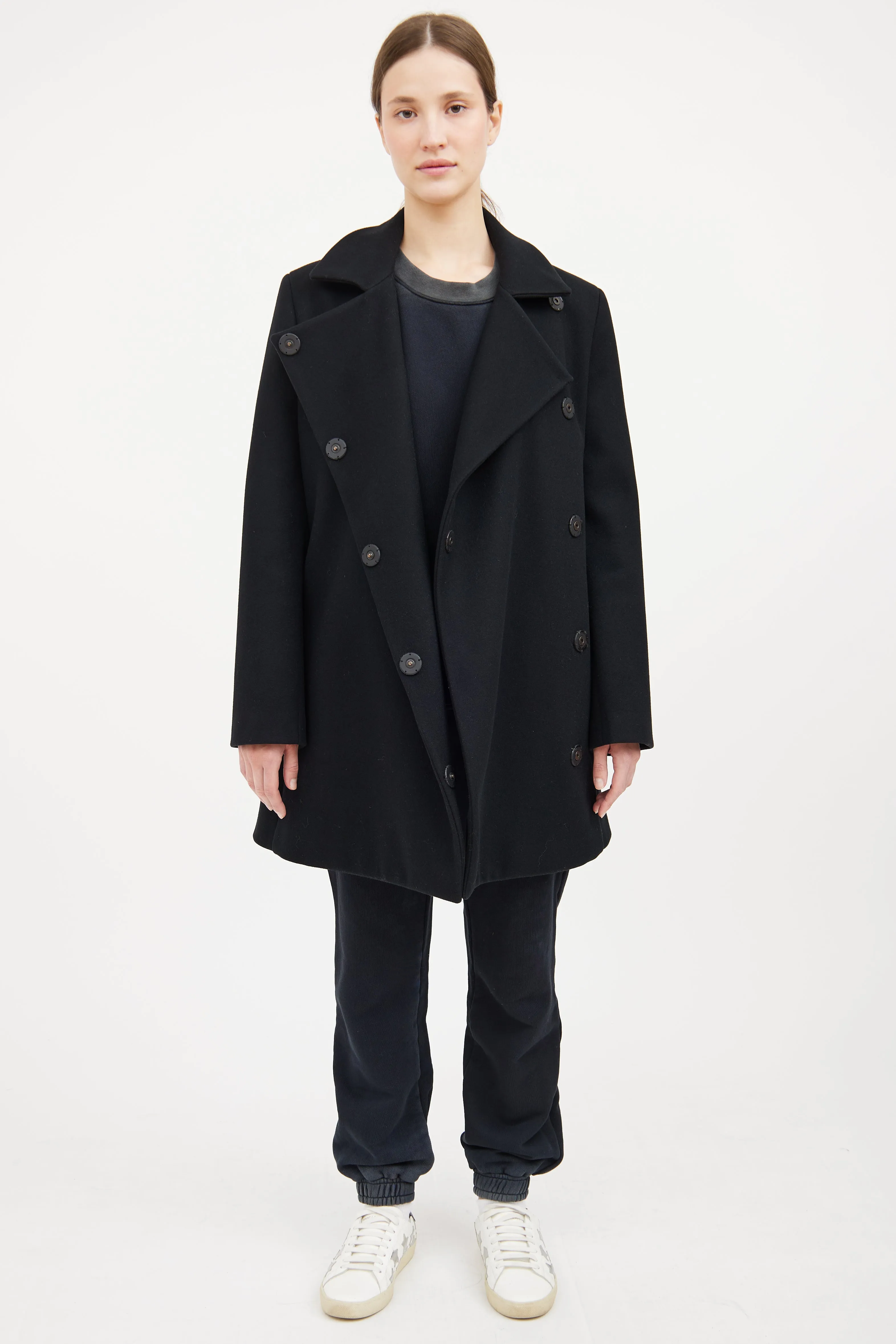 Black Wool Snap Button Coat