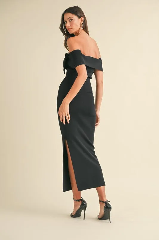 Chantelle Off The Shoulder Bow Knit Midi Dress Black