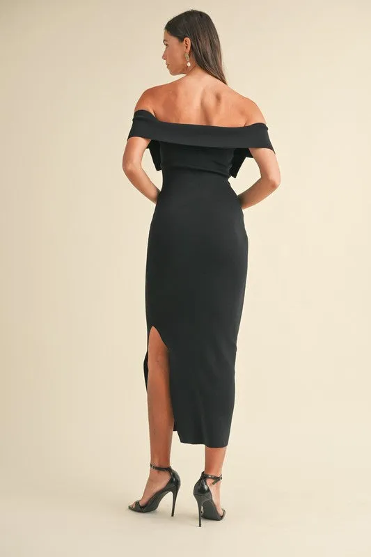 Chantelle Off The Shoulder Bow Knit Midi Dress Black