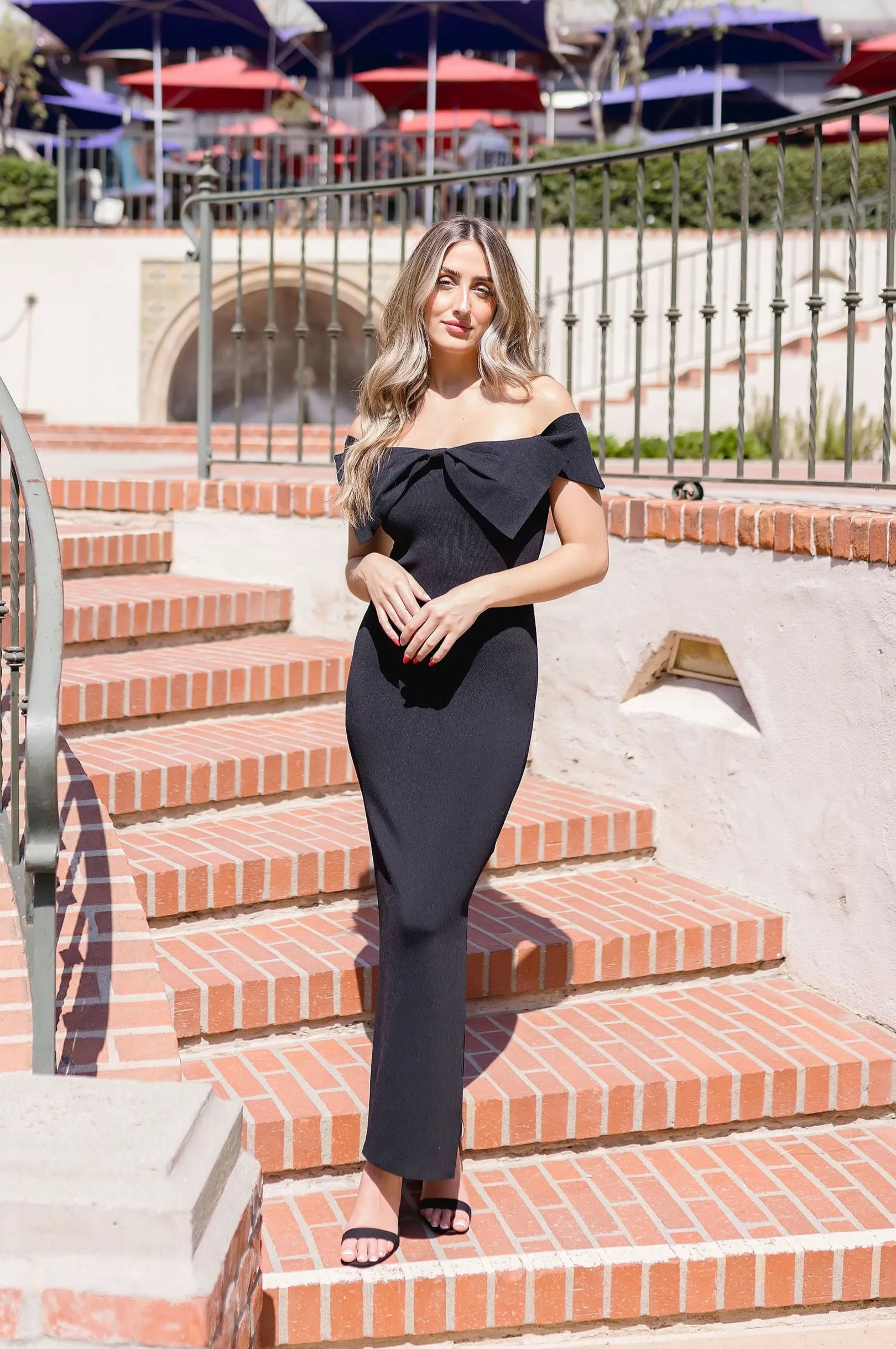 Chantelle Off The Shoulder Bow Knit Midi Dress Black