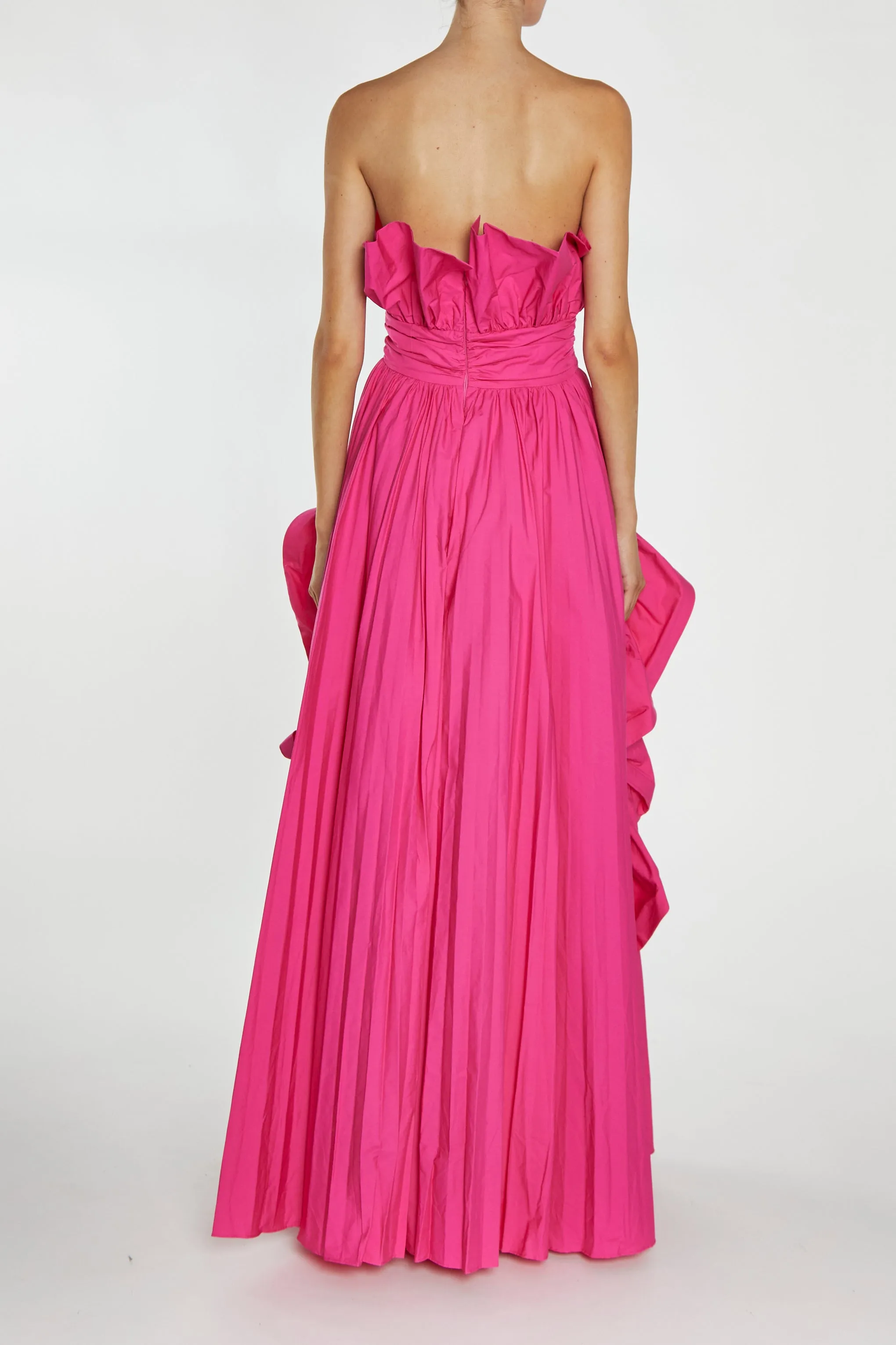 Clarissa Magenta-Pink Bandeau Pleated Ruffle Maxi-Dress