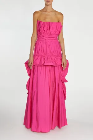 Clarissa Magenta-Pink Bandeau Pleated Ruffle Maxi-Dress