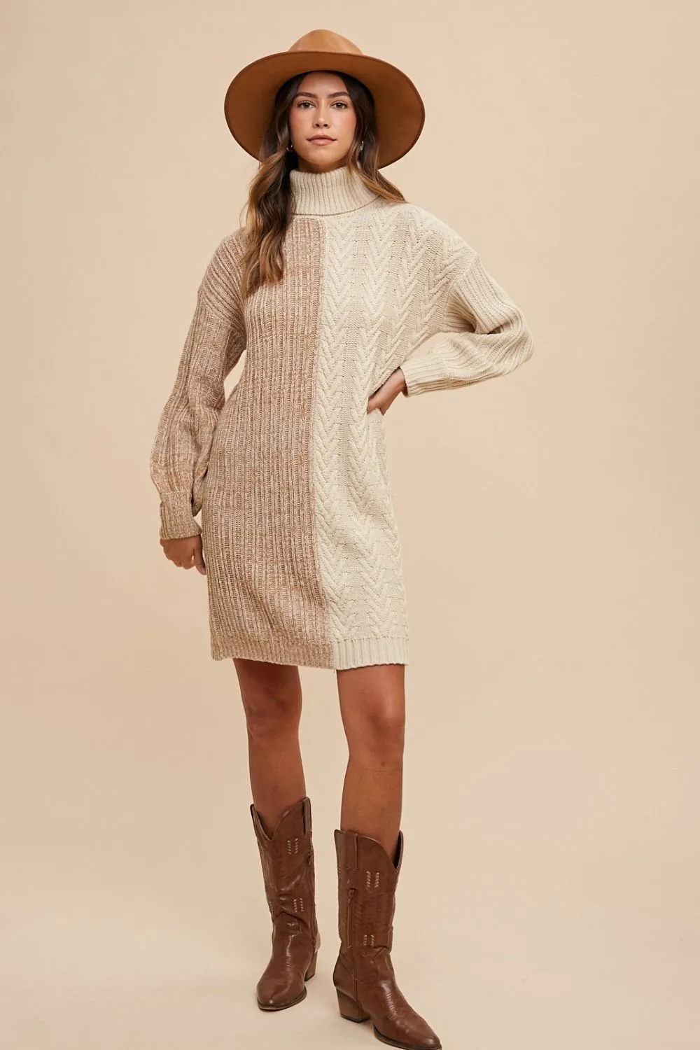 Color Block Mini Turtleneck Sweater Dress in Taupe