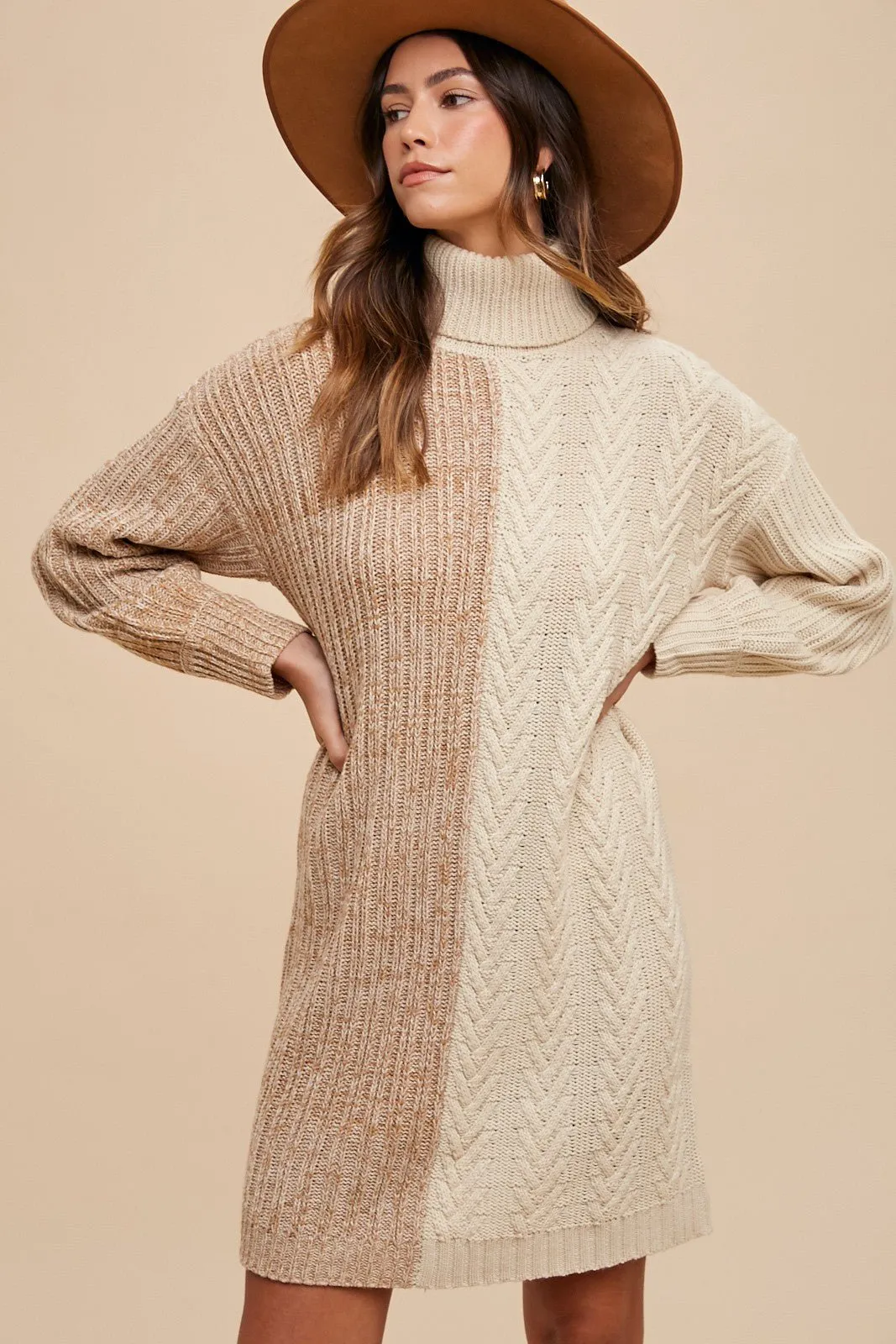 Color Block Mini Turtleneck Sweater Dress in Taupe