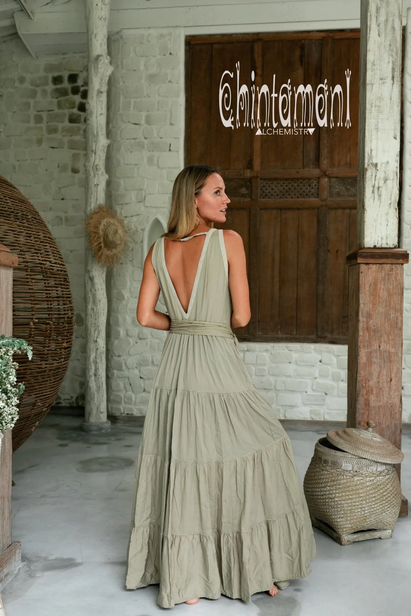 Cotton Maxi Tiered Dress with Fringes / Sage Green