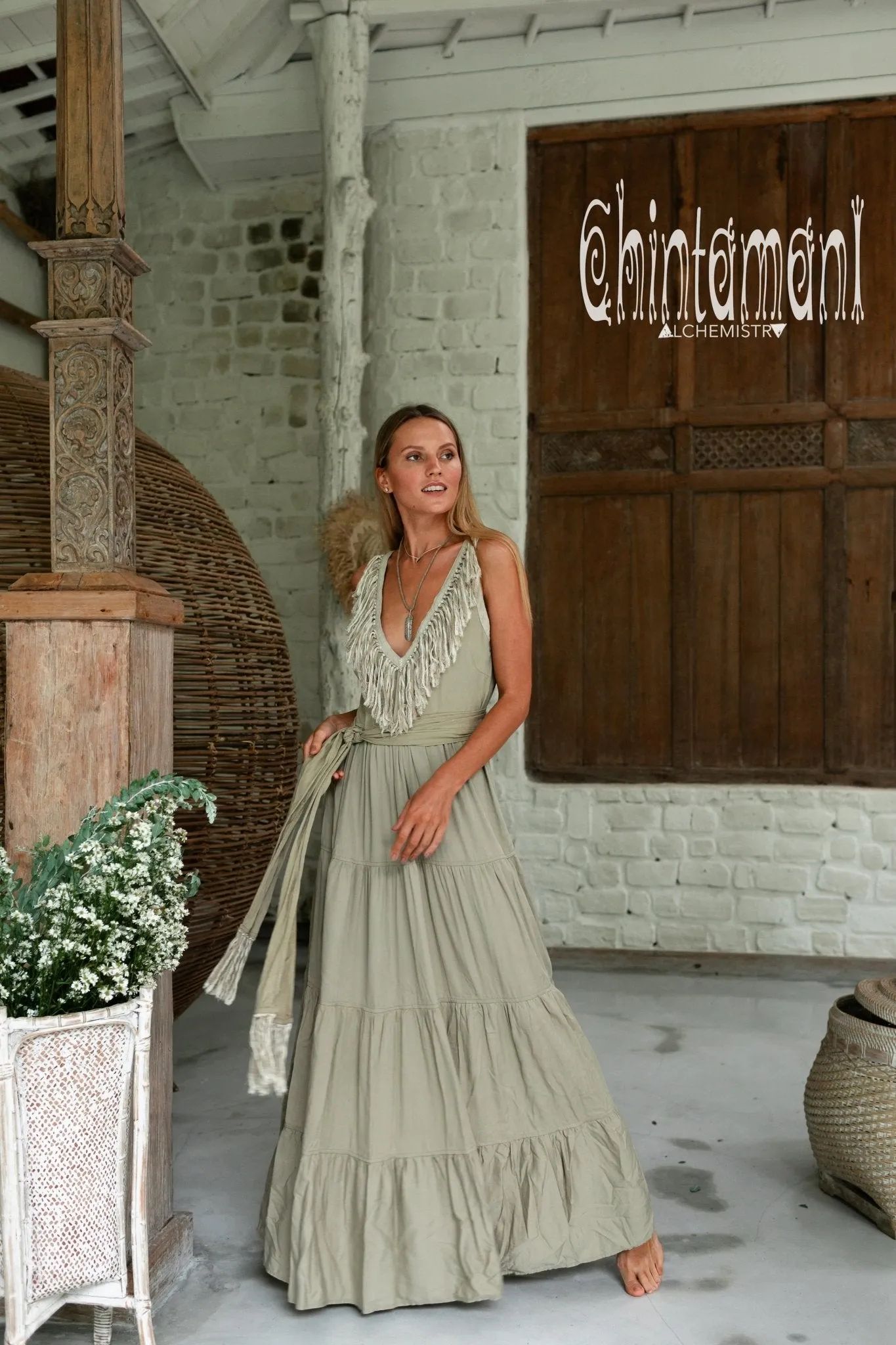 Cotton Maxi Tiered Dress with Fringes / Sage Green