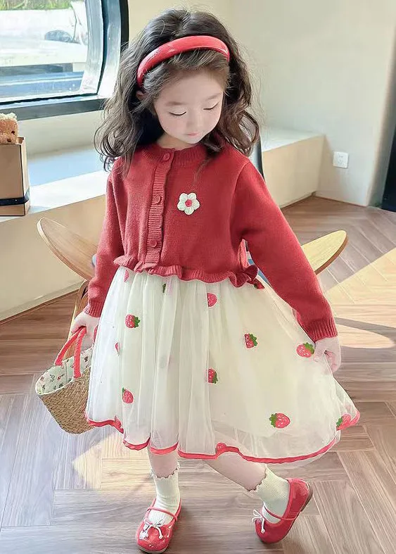 Cute Red Ruffled Tulle Patchwork Knit Girls Long Dress Fall XZ050