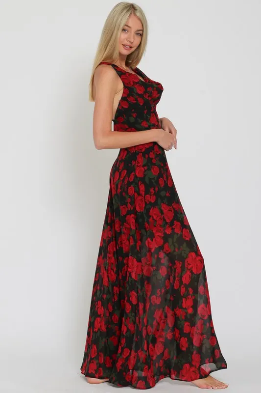 Danica Cowl Neck Cross Back Floral Print Maxi Dress Black