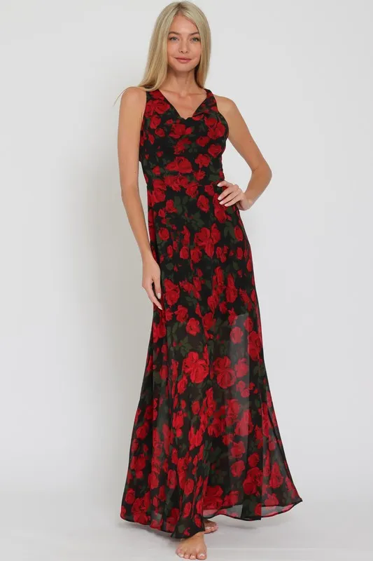 Danica Cowl Neck Cross Back Floral Print Maxi Dress Black