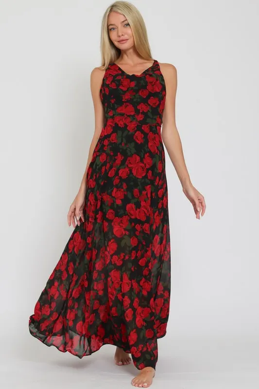 Danica Cowl Neck Cross Back Floral Print Maxi Dress Black