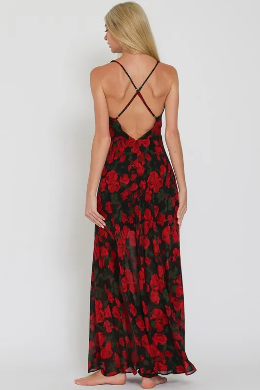 Danica Cowl Neck Cross Back Floral Print Maxi Dress Black