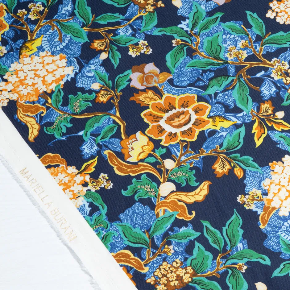 Deep Yellow Floral Printed Navy Blue Wool & Cotton Blend