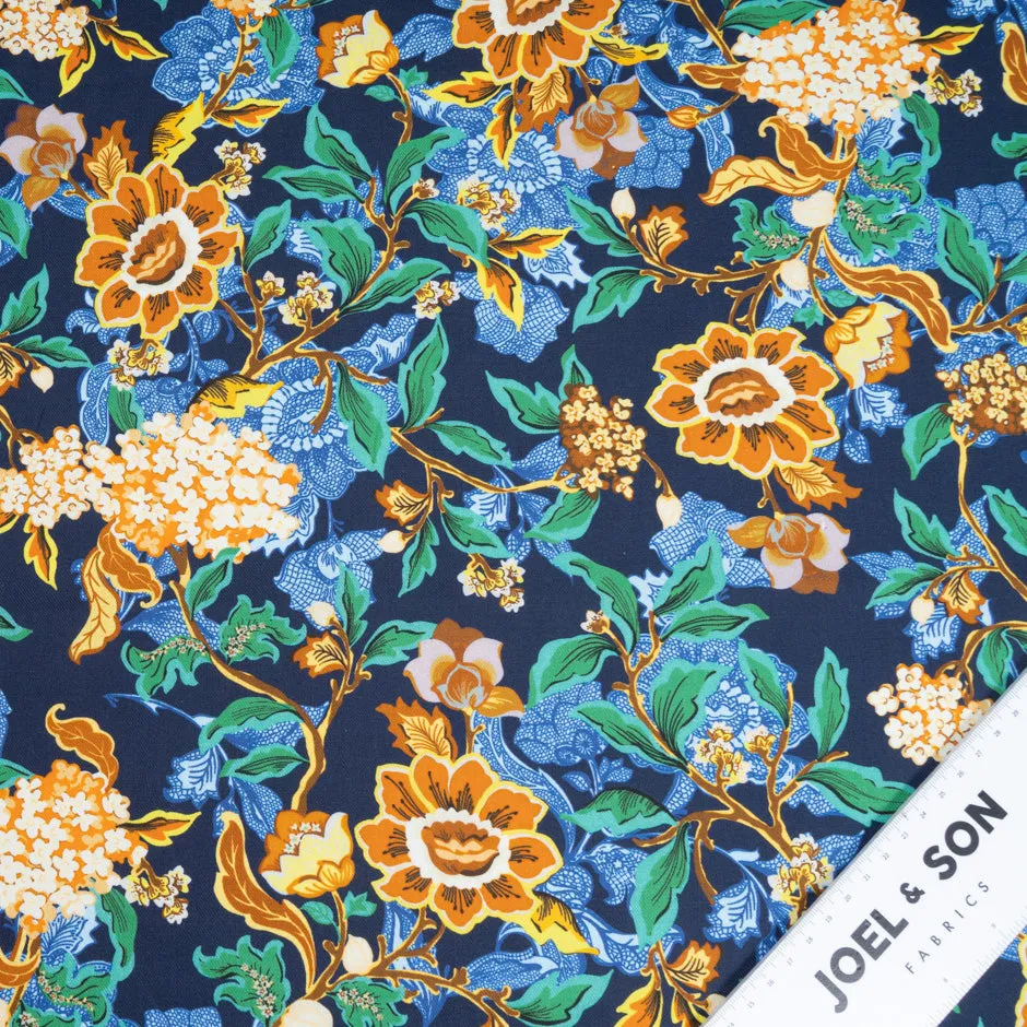 Deep Yellow Floral Printed Navy Blue Wool & Cotton Blend