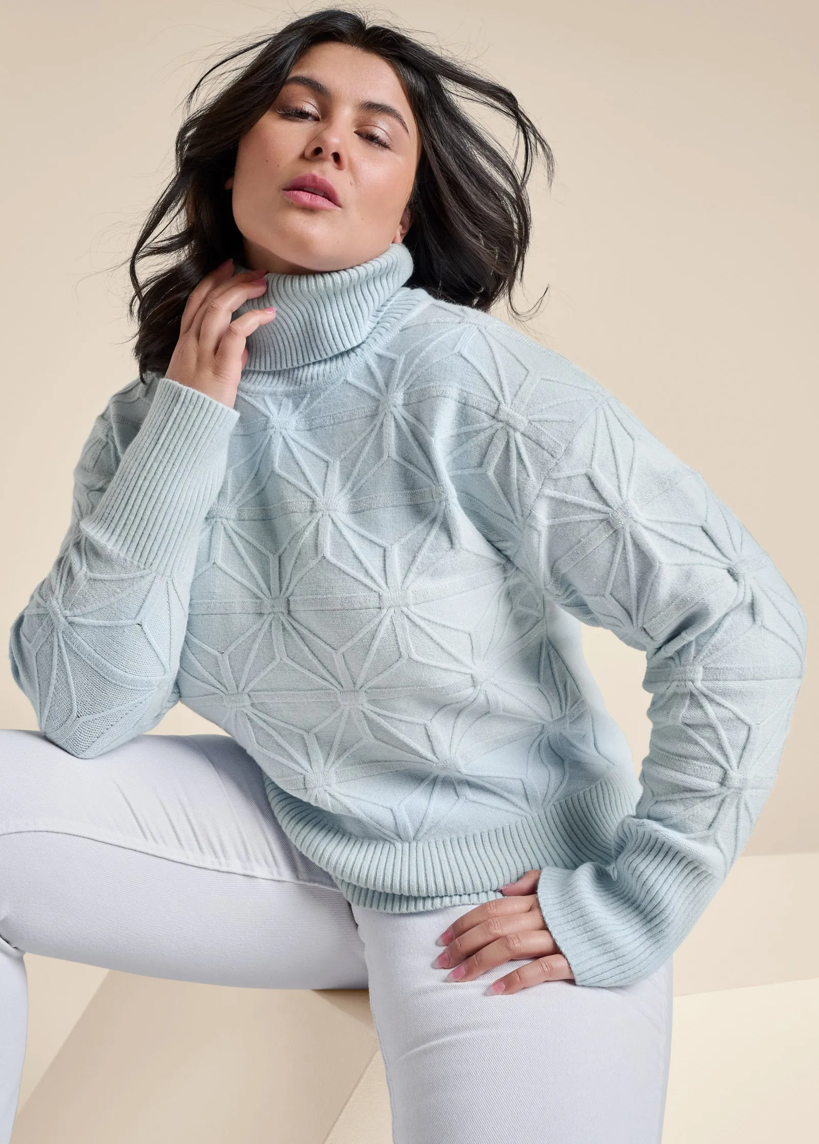 Diamond Cable Turtle Neck Sweater - Light Blue