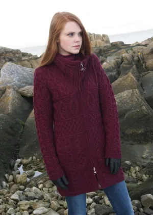 Double Collar Aran Sweater Coat | Wine