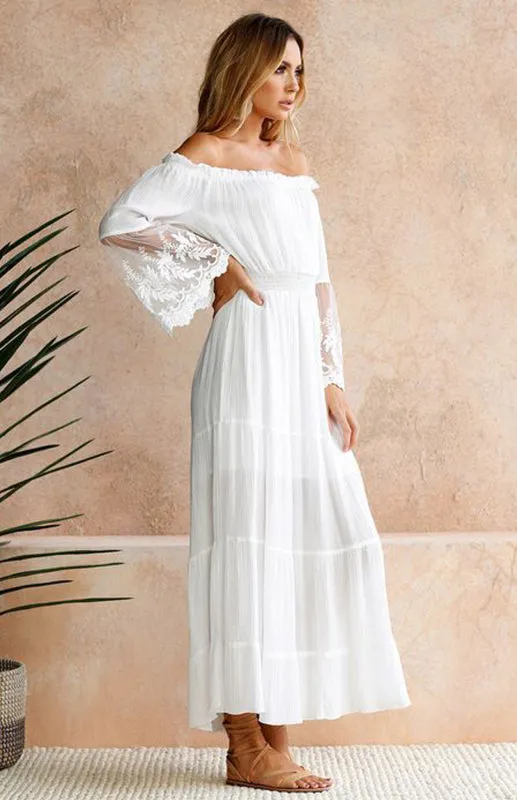 Elegant Radiance white lace off-the-shoulder-maxi dress | Off shoulder long dress | Lace maxi dress