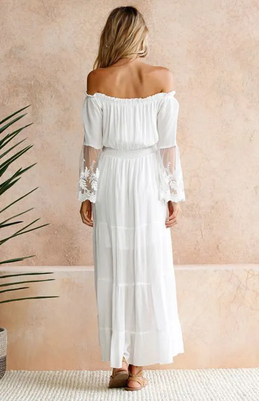 Elegant Radiance white lace off-the-shoulder-maxi dress | Off shoulder long dress | Lace maxi dress