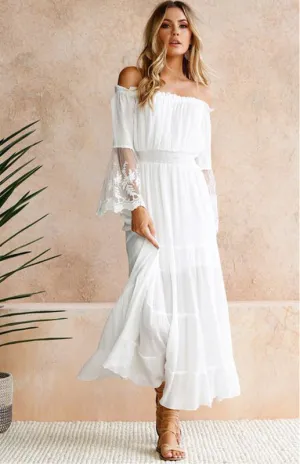 Elegant Radiance white lace off-the-shoulder-maxi dress | Off shoulder long dress | Lace maxi dress