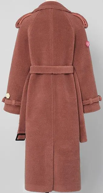 Floral-Appliques Thick Plush Wool Coat