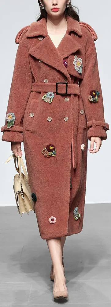 Floral-Appliques Thick Plush Wool Coat