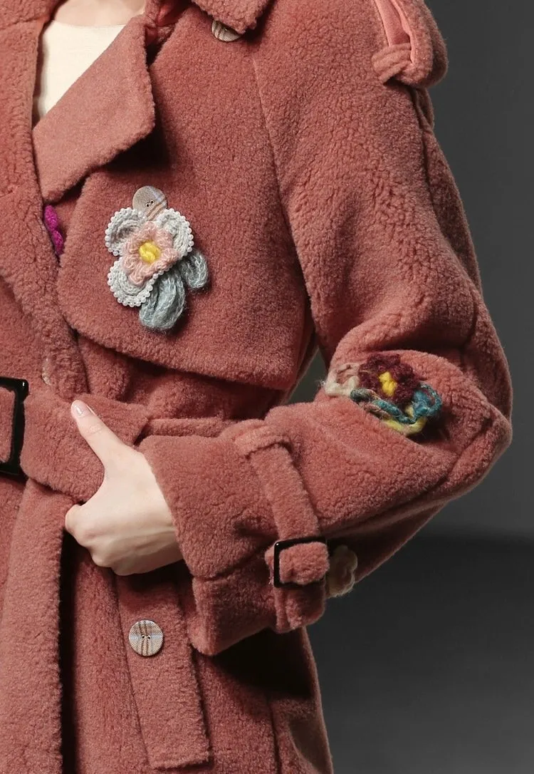 Floral-Appliques Thick Plush Wool Coat