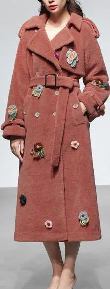 Floral-Appliques Thick Plush Wool Coat