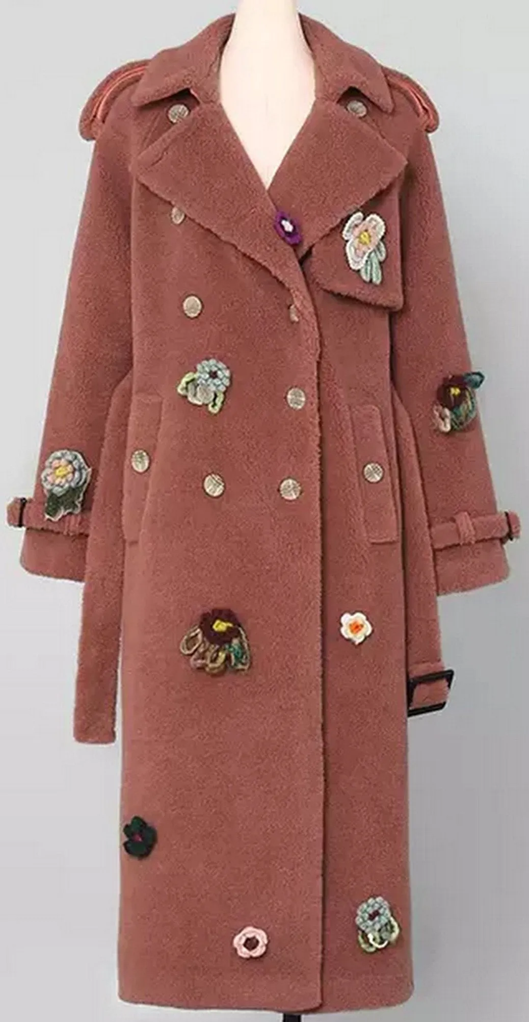 Floral-Appliques Thick Plush Wool Coat