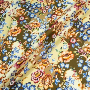 Floral Printed Khaki & Yellow Cotton & Wool Blend