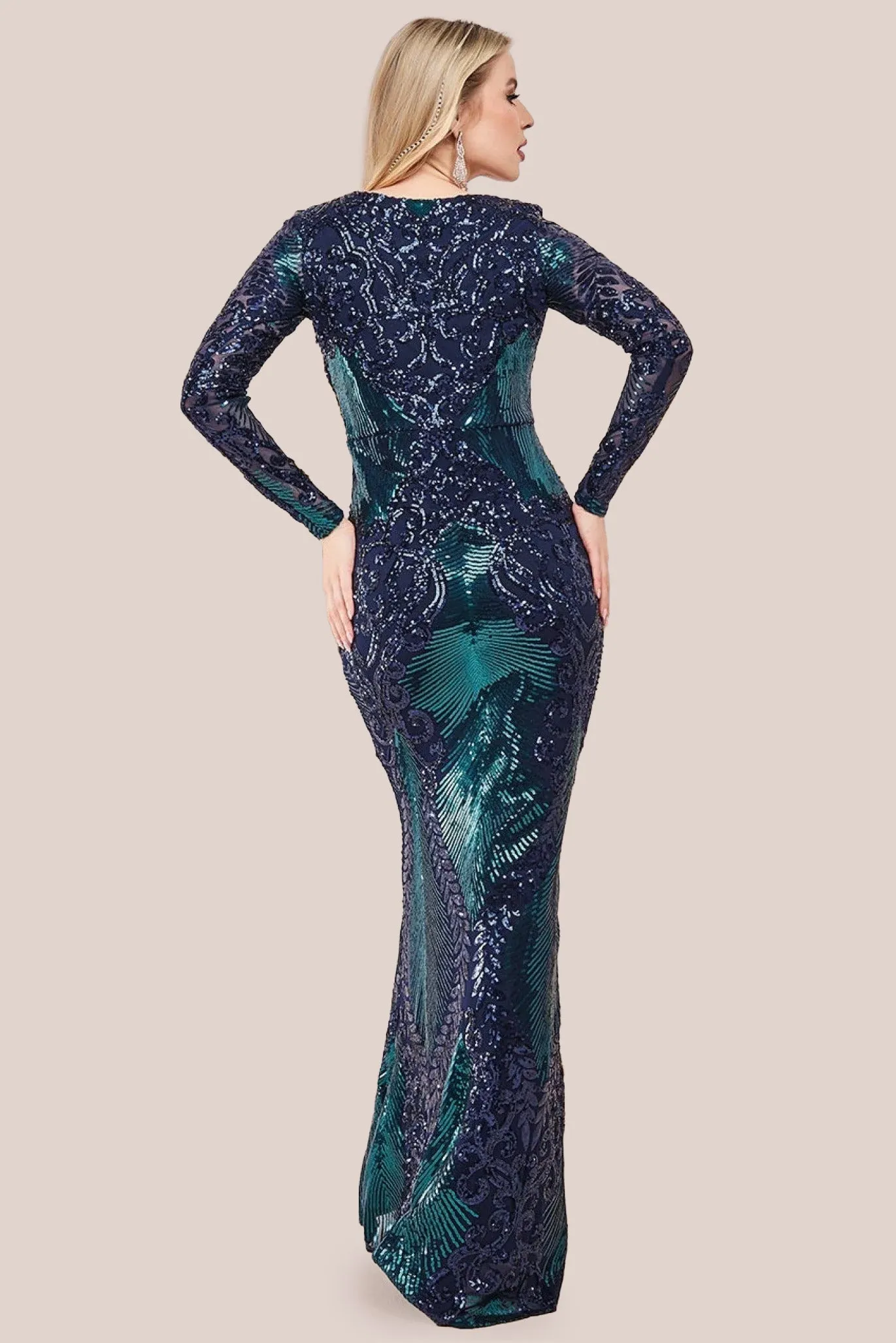 Goddiva Contrast Sequin Long Sleeve Maxi Dress - Emerald