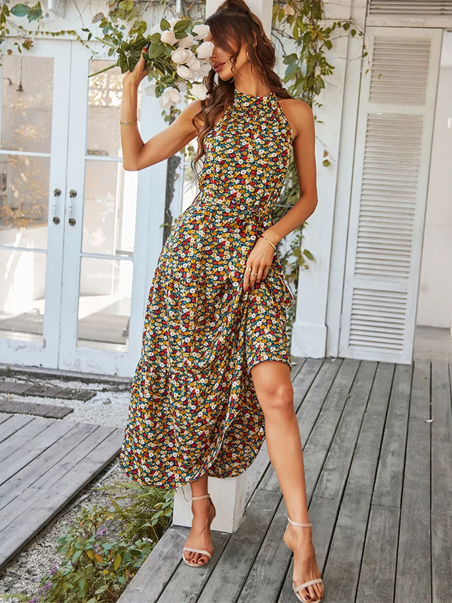 Halter Neck Bohemian Floral Printed Sleeveless Swing Boho Dress