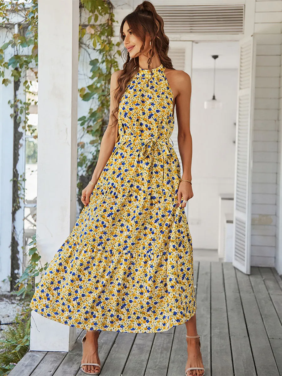 Halter Neck Bohemian Floral Printed Sleeveless Swing Boho Dress