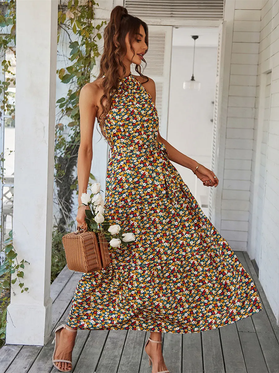 Halter Neck Bohemian Floral Printed Sleeveless Swing Boho Dress