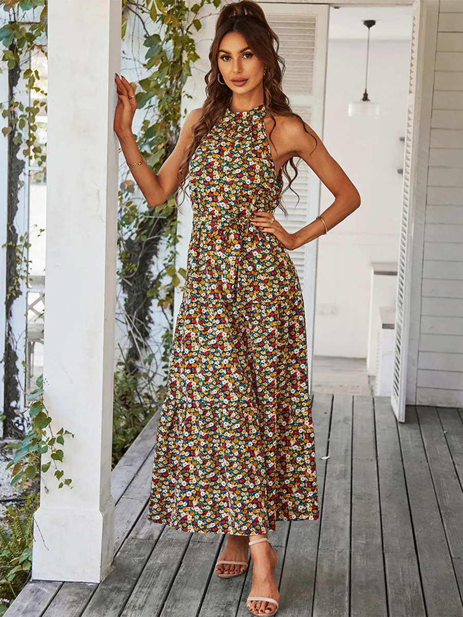 Halter Neck Bohemian Floral Printed Sleeveless Swing Boho Dress