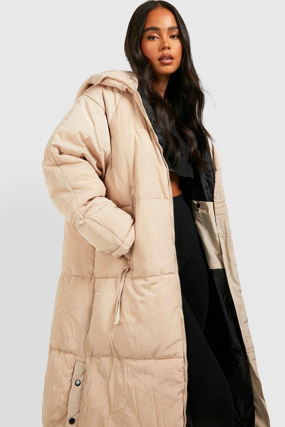 HOODED LONGLINE PUFFER JACKET-STONE