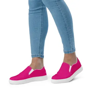 Hot Pink Women's Slip Ons, Solid Colorful Pink Color Modern Minimalist Women’s Slip-On Canvas Shoes (US Size: 5-12)