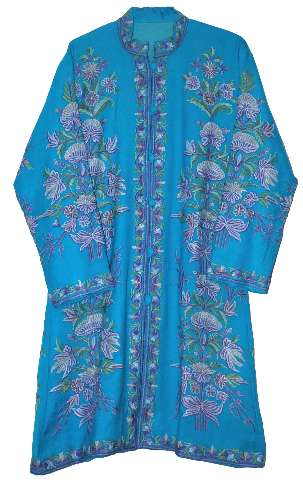 Kashmiri Woolen Coat Sky Blue, Purple Embroidery #AO-172