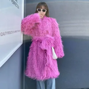 Ladies Knee Length Fur Imitation Wool Coat