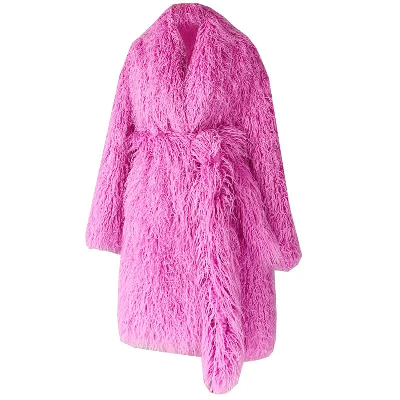 Ladies Knee Length Fur Imitation Wool Coat