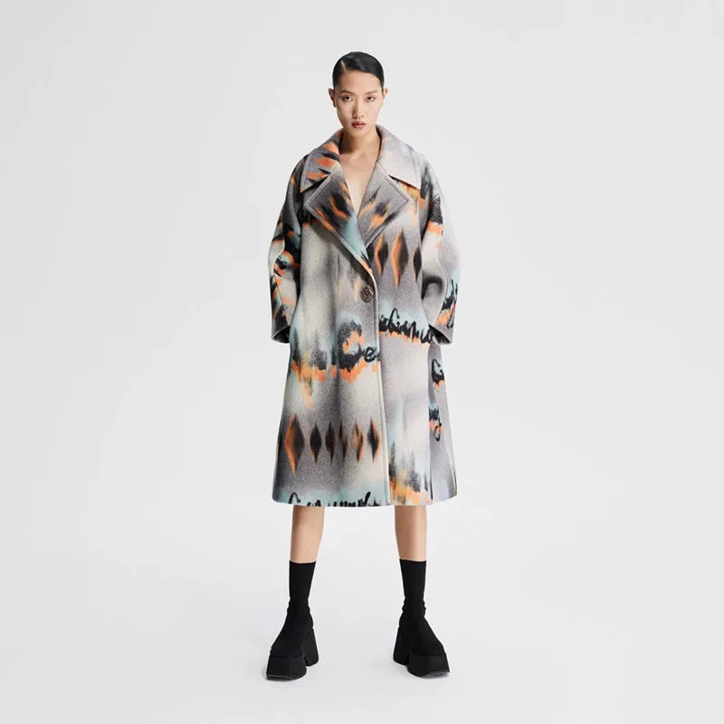 LEDI W PURE WOOL TWEED COAT FALL/WINTER PRINT SILHOUETTE LONG COAT - Haii