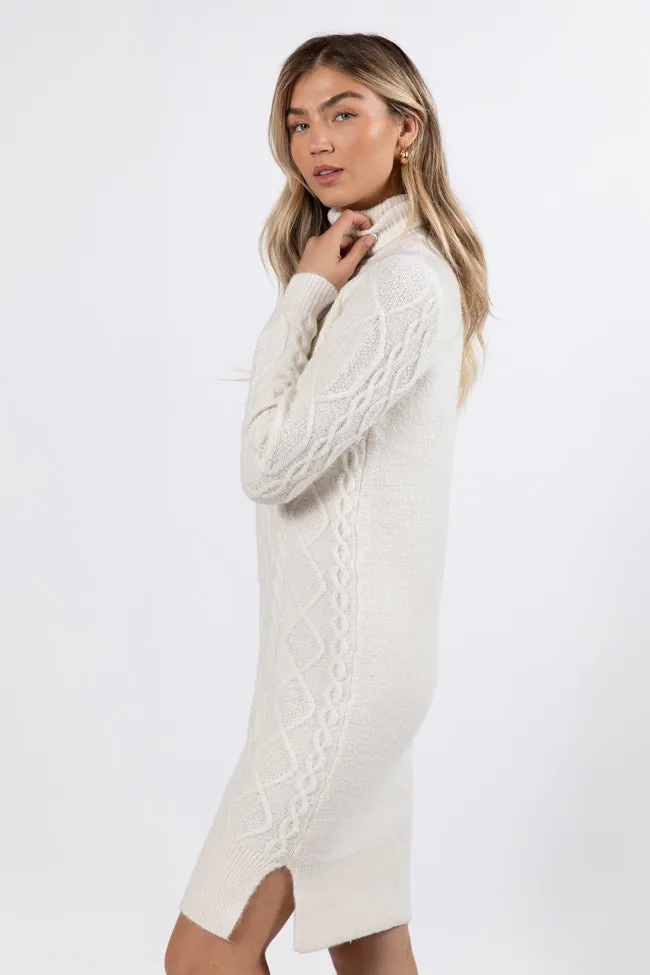 Let's Go Places Ivory Cable Knit Turtleneck Dress